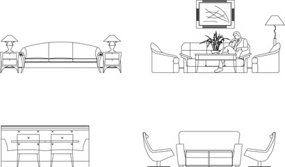 Sketch vector illustration of interior architectural design view of dining table and meeting chairs