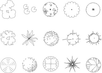 Vector sketch illustration of plant and tree view symbol design for garden fittings seen from above