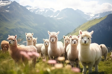 Alpacas graze in the mountains meadow