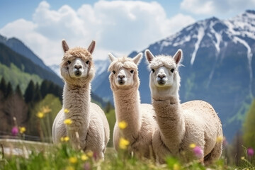 Fototapeta premium Alpacas graze in the mountains meadow