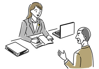 女性弁護士に相談するビジネスマンのシンプル線画イラスト