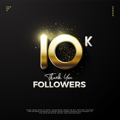 10k followers on black background and shiny gold celebration numbers. design premium vector.