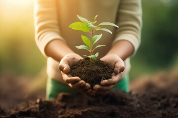 eco earth day concept. hand holding young plant in sunshine and green nature background - AI Generative