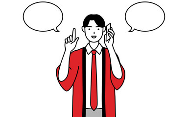 電話をしながら指さしをする赤い法被を着た販売員の男性