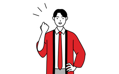 ガッツポーズをする赤い法被を着た販売員の男性