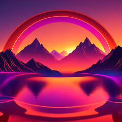 Fototapeta na wymiar 3d render. Abstract wallpaper with sunset or sunrise and round geometric shape. Mystic landscape with mountains, water and glowing neon ring