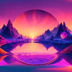 Badkamer foto achterwand 3d render. Abstract wallpaper with sunset or sunrise and round geometric shape. Mystic landscape with mountains, water and glowing neon ring © Best design template