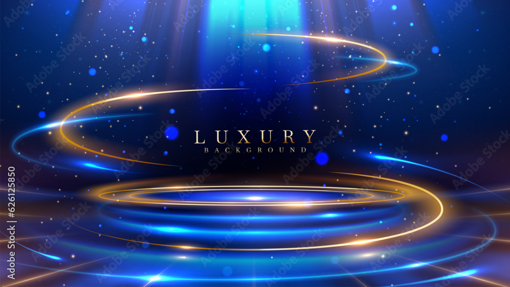 Poster blue luxury background with golden line decoration and curve light effect with bokeh elements. moder