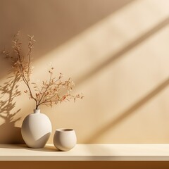 Minimalistic abstract light beige background with vegetation for product presentation with light shadow from the window