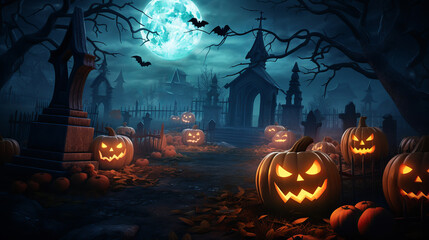 Pumpkins In Graveyard In The Spooky Night. Halloween background concept.