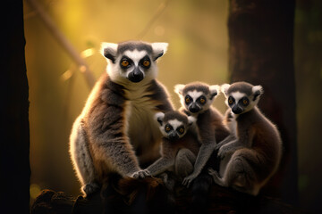Fototapeta premium Lemur family wth three cubs