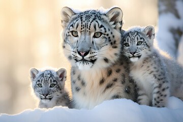 Snow lropard family with two cubs - obrazy, fototapety, plakaty