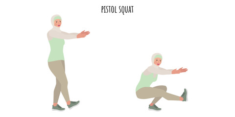 Muslim woman doing pistol squat exercise