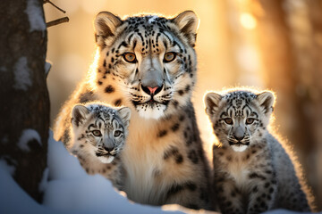 Snow lropard family with two cubs