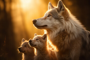 Obraz premium Wolf family with two cubs