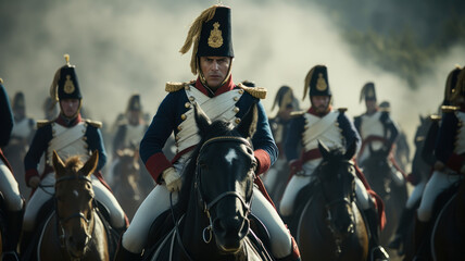Epic battle of Waterloo Napoleon Bonaparte. Napoleon on horseback leading his army on battlefield - obrazy, fototapety, plakaty
