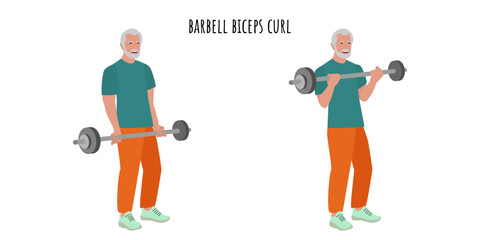 Senior man doing barbell biceps curl exercise