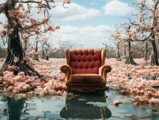 Abandoned red velvet chair in a swamp surrounded by cherry blossom trees with pink blossoms