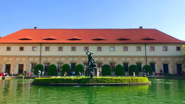 Fountain and pond inn the Wallenstein Palace gardens in Prague Czech Republic
