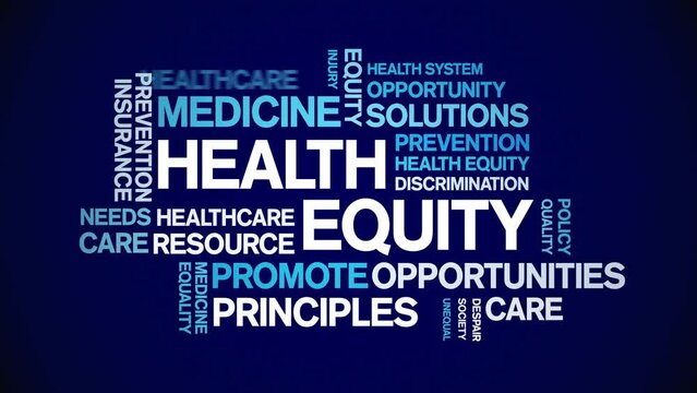 Health Equity animated tag word cloud;text design animation kinetic typography seamless loop.