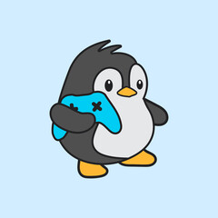Penguin logo,.penguin holding game console icon. Flat cute and funny penguin cartoon for kids education and children and shirt design