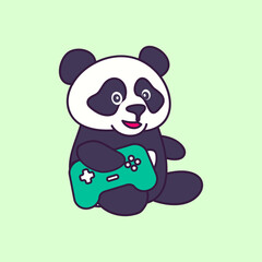 Panda logo,.Panda holding game console icon. Flat cute and funny panda cartoon for kids education and children and shirt design