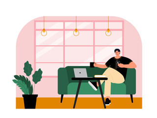 Coffee shop vector illistration. Coffee shop flat illustration. City cafe. Summer urban spring landscape. Flat design concept.