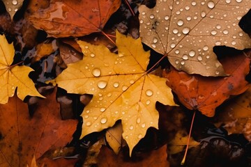 Close up of fallen leaves on ground in autumn covered in raindrops. created generative ai.