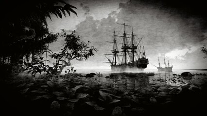 3D graphics on the theme of travel and adventure, ancient sailing transport and fantasy