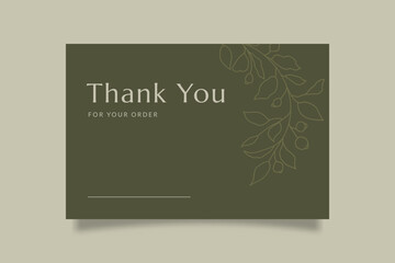 Printable Luxury Thank You Template for Small Online Business, Decorated with foliage and green background. Suitable for Fashion, Cosmetic, Beauty, Jewellery Brand