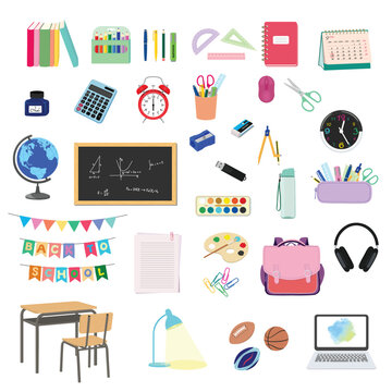 Set of 40 items for back to school concept. School supplies flat vector illustration in color isolated on white background.