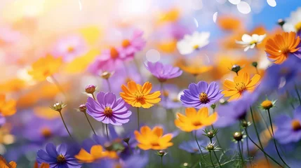 Foto op Plexiglas Weide Beautiful field of colorful cosmos flower in a meadow in nature in the rays of sunlight in summer in the spring close-up of a macro. A picturesque colorful artistic image with a soft focus,