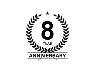 8 years anniversary logo template isolated on white, black and white background. 8th anniversary logo.