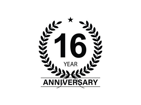 16 years anniversary pictogram vector icon, 16th year birthday logo label, black and white stamp isolated.