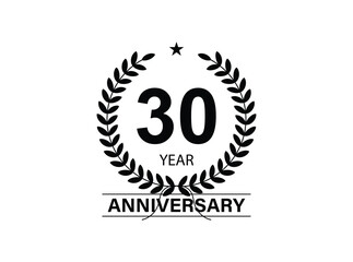 30 years anniversary logo template isolated on white, black and white background. 30th anniversary logo.