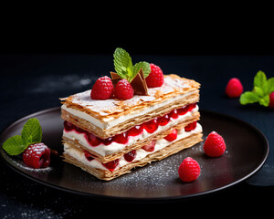 Decorated raspberry mille-feuille cake on a plate