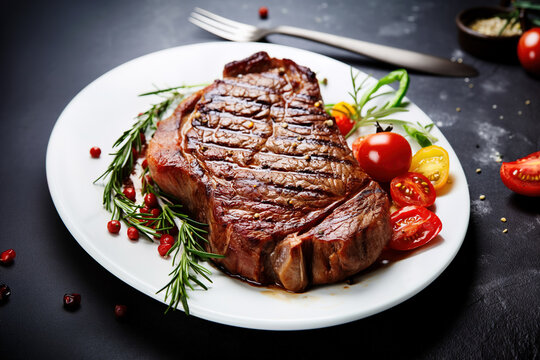 Ribeye steak with tomatoes, ready to eat