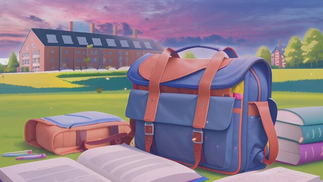big bag and books in the yard of the school building. Cartoon or anime watercolor painting illustration style. seamless looping 4K time-lapse virtual video animation background.