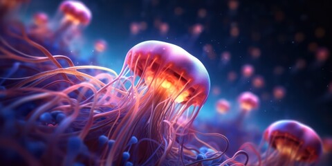Fluorescent orange jellyfish with many tentacles at the bottom of the night sea. AI generation 