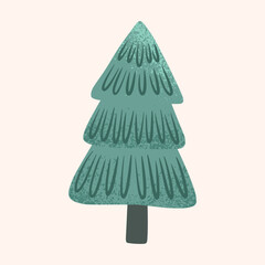 Christmas tree, fir in a naive children's style. Autumn colored illustration. Clipart for the design of greeting cards, invitations, prints, stickers and patterns.