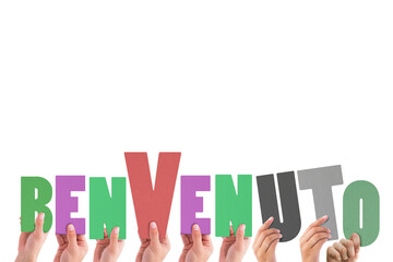 Digital png illustration of hands with benvenuto text on transparent background