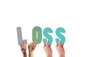 Digital png illustration of hands with loss text on transparent background