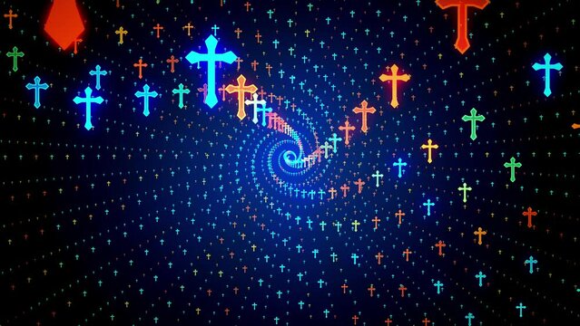 Abstract Spiritual Motion View Blue Orange Yellow Shiny Geometric Spiral Cross Jesus Christianity Symbol Particles Lined Pattern Rotating Background, Seamless Loop