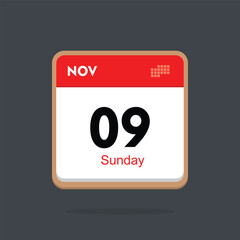 sunday 09 november icon with black background, calender icon