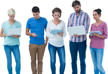 Digital png photo of group of caucasian people using electronic devices on transparent background