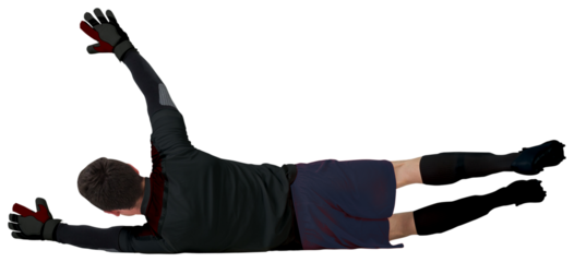 Digital png photo of back of caucasian goalkeeper on transparent background