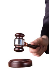 Digital png photo of caucasian hand holding judge's gavel on transparent background