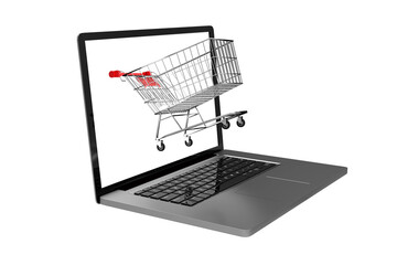 Digital png illustration of laptop and shopping trolley on transparent background