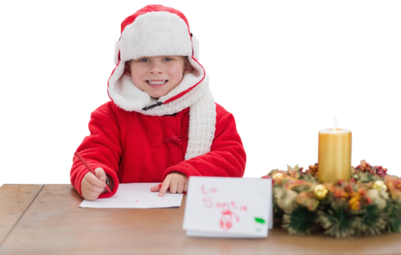 Digital png photo of caucasian boy in santa claus suit on transparent background