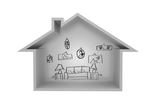 Digital png illustration of house with drawings on wall on transparent background